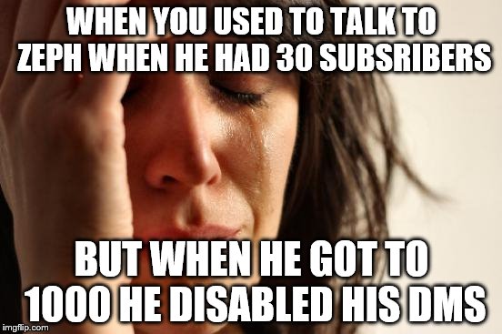 First World Problems Meme | WHEN YOU USED TO TALK TO ZEPH WHEN HE HAD 30 SUBSRIBERS; BUT WHEN HE GOT TO 1000 HE DISABLED HIS DMS | image tagged in memes,first world problems | made w/ Imgflip meme maker