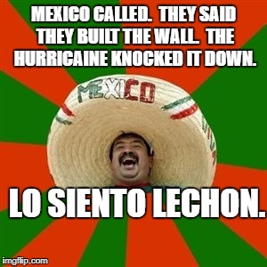 succesful mexican | MEXICO CALLED.  THEY SAID THEY BUILT THE WALL.  THE HURRICAINE KNOCKED IT DOWN. LO SIENTO LECHON. | image tagged in succesful mexican | made w/ Imgflip meme maker
