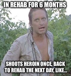 Michael Douglas used to make me moist  | IN REHAB FOR 6 MONTHS; SHOOTS HEROIN ONCE, BACK TO REHAB THE NEXT DAY, LIKE... | image tagged in michael douglas used to make me moist | made w/ Imgflip meme maker