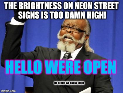 Too Damn High | THE BRIGHTNESS ON NEON STREET SIGNS IS TOO DAMN HIGH! HELLO WERE OPEN; OK BIRCH WE KNOW GOSH. | image tagged in memes,too damn high | made w/ Imgflip meme maker