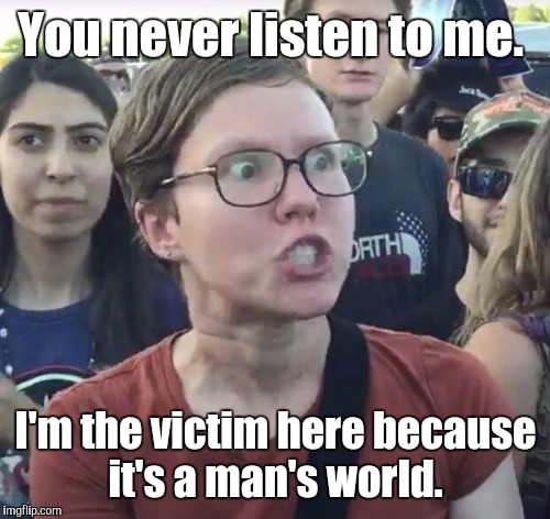 You never listen to me. I'm the victim here because it's a man's world. | made w/ Imgflip meme maker