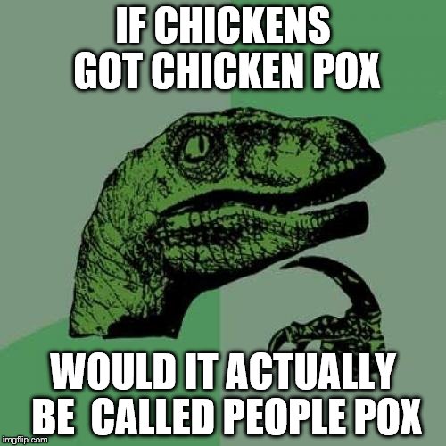 Philosoraptor Meme | IF CHICKENS GOT CHICKEN POX; WOULD IT ACTUALLY BE  CALLED PEOPLE POX | image tagged in memes,philosoraptor | made w/ Imgflip meme maker
