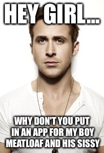 Ryan Gosling Meme | HEY GIRL... WHY DON'T YOU PUT IN AN APP FOR MY BOY MEATLOAF AND HIS SISSY | image tagged in memes,ryan gosling | made w/ Imgflip meme maker