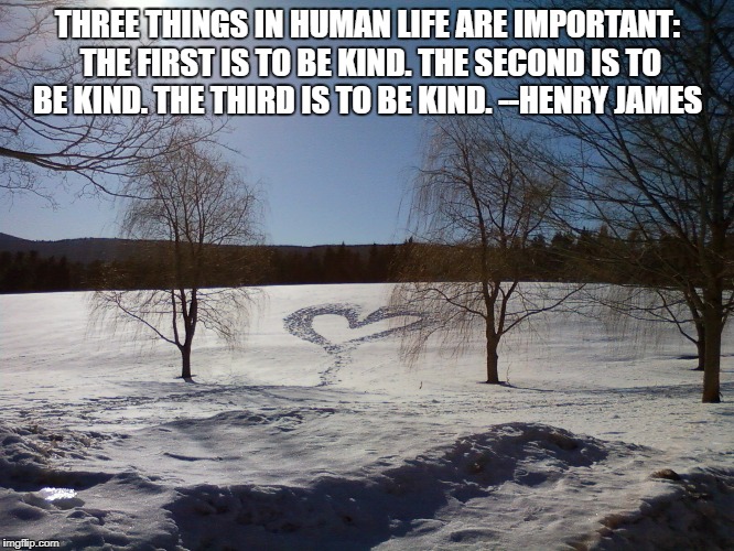 THREE THINGS IN HUMAN LIFE ARE IMPORTANT: THE FIRST IS TO BE KIND. THE SECOND IS TO BE KIND. THE THIRD IS TO BE KIND. --HENRY JAMES | image tagged in kindness | made w/ Imgflip meme maker