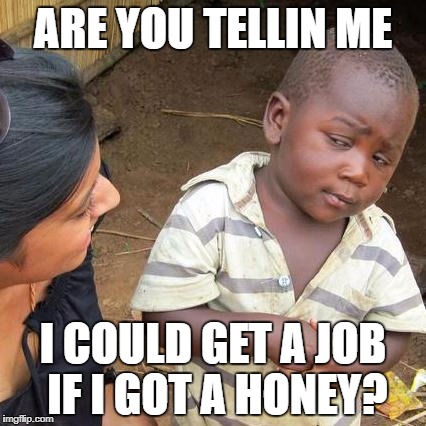 Third World Skeptical Kid Meme | ARE YOU TELLIN ME; I COULD GET A JOB IF I GOT A HONEY? | image tagged in memes,third world skeptical kid | made w/ Imgflip meme maker