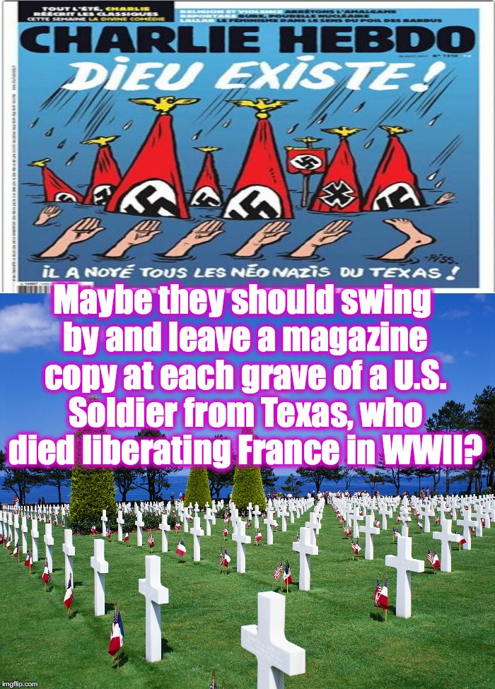Maybe they should swing by and leave a magazine copy at each grave of a U.S. Soldier from Texas, who died liberating France in WWII? | image tagged in france,texas | made w/ Imgflip meme maker