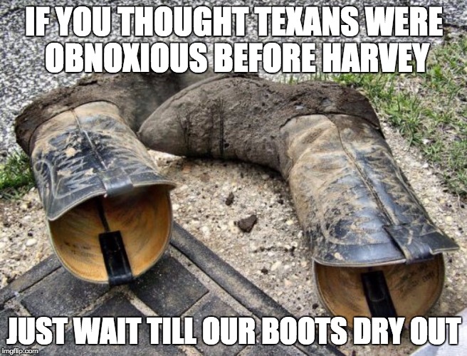 IF YOU THOUGHT TEXANS WERE OBNOXIOUS BEFORE HARVEY; JUST WAIT TILL OUR BOOTS DRY OUT | image tagged in texans | made w/ Imgflip meme maker