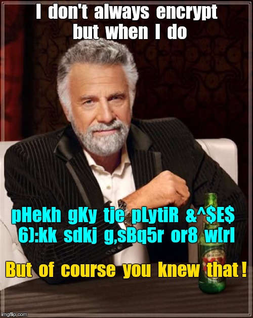 Most Interesting Man doesn't always encrypt | I  don't  always  encrypt  but  when  I  do; pHekh  gKy  tje  pLytiR  &^$E$  6):kk  sdkj  g,sBq5r  or8  w[rl; But  of  course  you  knew  that ! | image tagged in memes,the most interesting man in the world,secret | made w/ Imgflip meme maker