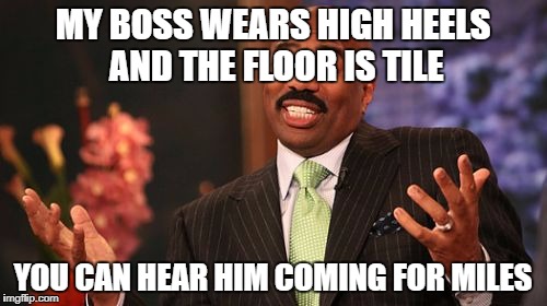 Steve Harvey Meme | MY BOSS WEARS HIGH HEELS AND THE FLOOR IS TILE YOU CAN HEAR HIM COMING FOR MILES | image tagged in memes,steve harvey | made w/ Imgflip meme maker
