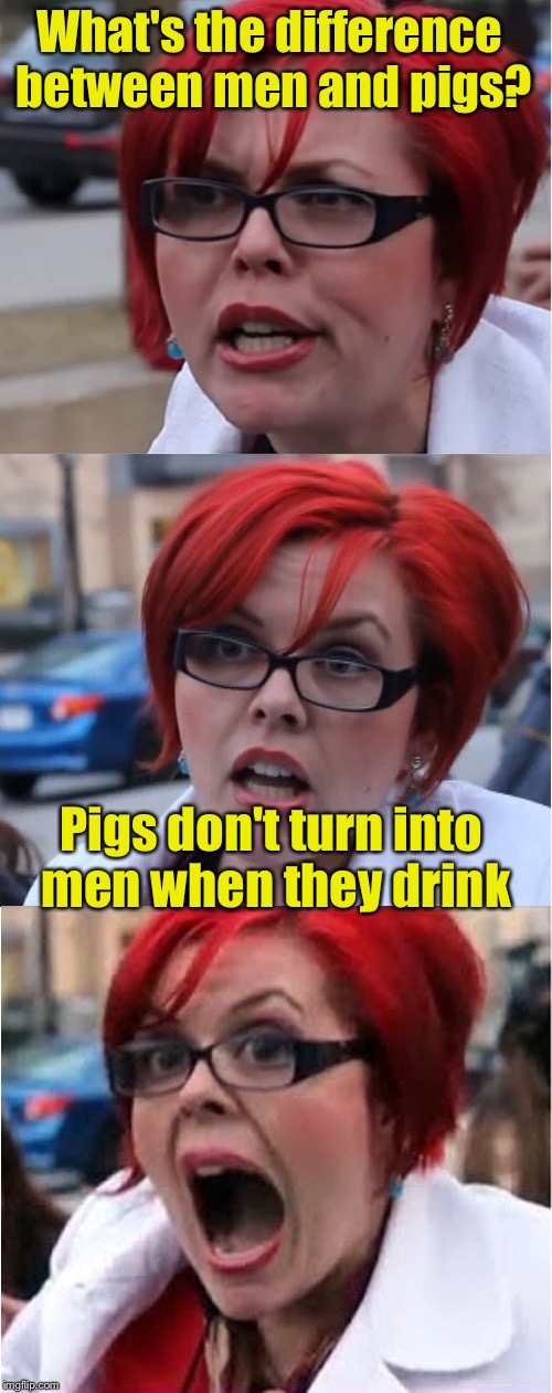 Big Red Feminist pun | What's the difference between men and pigs? Pigs don't turn into men when they drink | image tagged in big red feminist pun | made w/ Imgflip meme maker