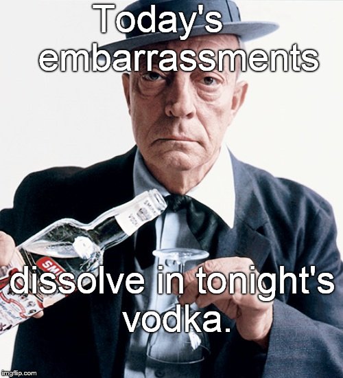 Buster vodka ad | Today's    embarrassments dissolve in tonight's vodka. | image tagged in buster vodka ad | made w/ Imgflip meme maker