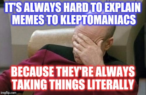 Captain Picard Facepalm Meme | IT'S ALWAYS HARD TO EXPLAIN MEMES TO KLEPTOMANIACS; BECAUSE THEY'RE ALWAYS TAKING THINGS LITERALLY | image tagged in memes,captain picard facepalm | made w/ Imgflip meme maker