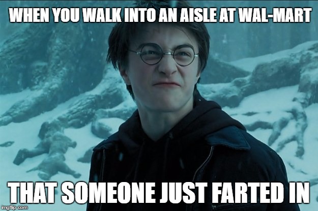 harry potter farts | WHEN YOU WALK INTO AN AISLE AT WAL-MART; THAT SOMEONE JUST FARTED IN | image tagged in harry potter farts | made w/ Imgflip meme maker