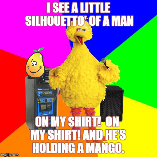 Big Bird sings Bohemian Rhapsody by Queen | I SEE A LITTLE SILHOUETTO' OF A MAN; ON MY SHIRT! 
ON MY SHIRT!
AND HE’S HOLDING A MANGO. | image tagged in wrong lyrics karaoke big bird,music,karaoke,memes | made w/ Imgflip meme maker