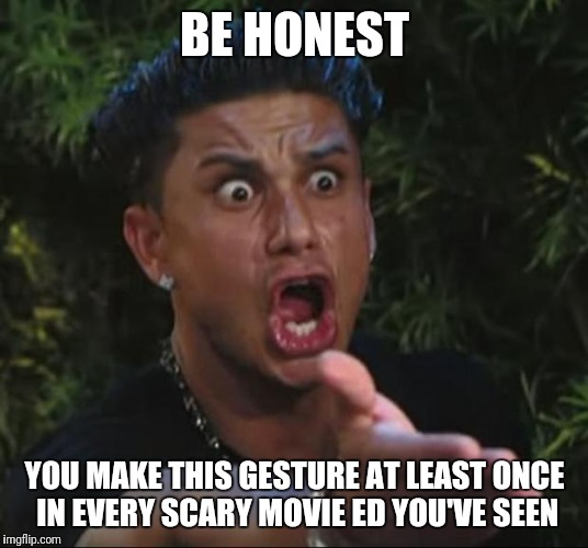 DJ Pauly D | BE HONEST; YOU MAKE THIS GESTURE AT LEAST ONCE IN EVERY SCARY MOVIE ED YOU'VE SEEN | image tagged in memes,dj pauly d | made w/ Imgflip meme maker