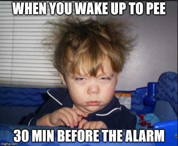 Tired child | WHEN YOU WAKE UP TO PEE; 30 MIN BEFORE THE ALARM | image tagged in tired child | made w/ Imgflip meme maker