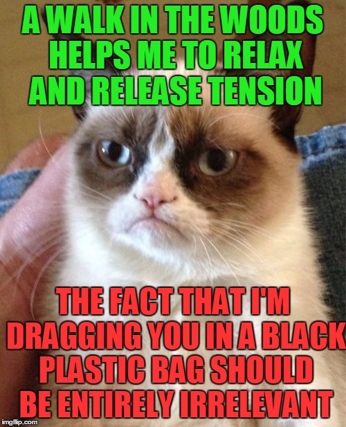 Grumpy Cat | A WALK IN THE WOODS HELPS ME TO RELAX AND RELEASE TENSION; THE FACT THAT I'M DRAGGING YOU IN A BLACK PLASTIC BAG SHOULD BE ENTIRELY IRRELEVANT | image tagged in memes,grumpy cat,funny,cats,animals | made w/ Imgflip meme maker