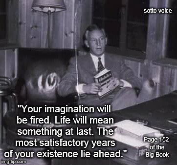 sotto voice; "Your imagination will be fired. Life will mean something at last. The most satisfactory years of your existence lie ahead."; Page 152 of the Big Book | image tagged in wgw | made w/ Imgflip meme maker