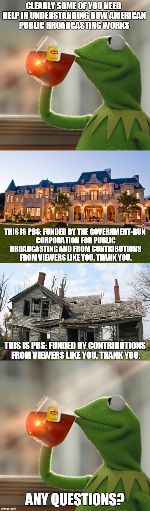 Face It: Big Bird Is A Welfare Puppy | CLEARLY SOME OF YOU NEED HELP IN UNDERSTANDING HOW AMERICAN PUBLIC BROADCASTING WORKS; THIS IS PBS: FUNDED BY THE GOVERNMENT-RUN CORPORATION FOR PUBLIC BROADCASTING AND FROM CONTRIBUTIONS FROM VIEWERS LIKE YOU. THANK YOU. THIS IS PBS: FUNDED BY CONTRIBUTIONS FROM VIEWERS LIKE YOU. THANK YOU. ANY QUESTIONS? | image tagged in memes,but thats none of my business,government,waste | made w/ Imgflip meme maker
