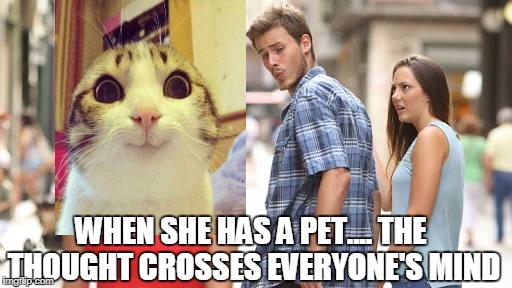 Man looking at other woman | WHEN SHE HAS A PET.... THE THOUGHT CROSSES EVERYONE'S MIND | image tagged in man looking at other woman | made w/ Imgflip meme maker