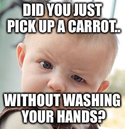 Skeptical Baby Meme | DID YOU JUST PICK UP A CARROT.. WITHOUT WASHING YOUR HANDS? | image tagged in memes,skeptical baby | made w/ Imgflip meme maker