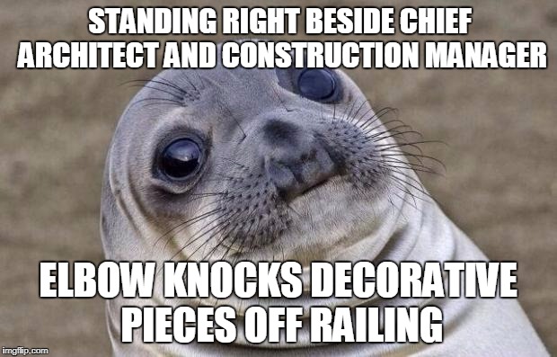 Awkward Moment Sealion Meme | STANDING RIGHT BESIDE CHIEF ARCHITECT AND CONSTRUCTION MANAGER; ELBOW KNOCKS DECORATIVE PIECES OFF RAILING | image tagged in memes,awkward moment sealion,AdviceAnimals | made w/ Imgflip meme maker