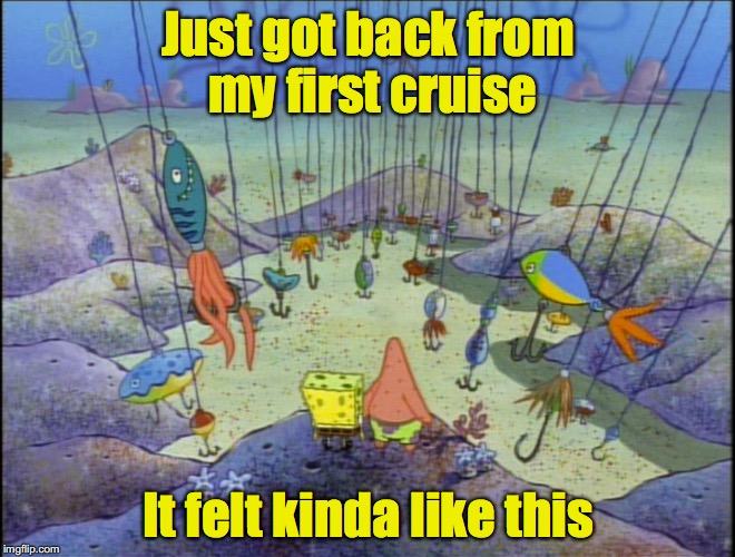 Those of you who have taken a cruise will understand |  Just got back from my first cruise; It felt kinda like this | image tagged in cruise,spongebob,hooks | made w/ Imgflip meme maker