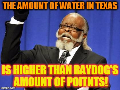 Someone pull the drain plug! | THE AMOUNT OF WATER IN TEXAS; IS HIGHER THAN RAYDOG'S AMOUNT OF POITNTS! | image tagged in memes,too damn high | made w/ Imgflip meme maker