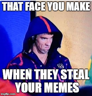 Michael Phelps Death Stare Meme | THAT FACE YOU MAKE; WHEN THEY STEAL YOUR MEMES | image tagged in memes,michael phelps death stare | made w/ Imgflip meme maker