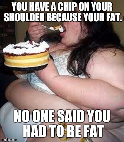fat girl cake pron | YOU HAVE A CHIP ON YOUR SHOULDER BECAUSE YOUR FAT. NO ONE SAID YOU HAD TO BE FAT | image tagged in fat girl cake pron | made w/ Imgflip meme maker