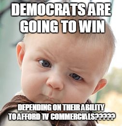 Skeptical Baby | DEMOCRATS ARE GOING TO WIN; DEPENDING ON THEIR ABILITY TO AFFORD TV COMMERCIALS????? | image tagged in memes,skeptical baby | made w/ Imgflip meme maker