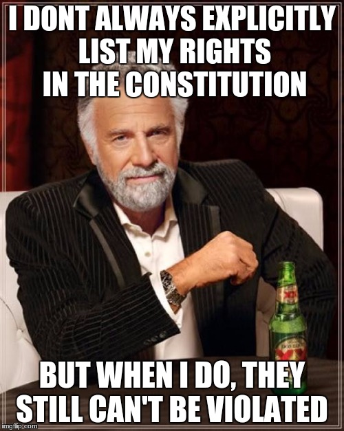 The Most Interesting Man In The World | I DONT ALWAYS EXPLICITLY LIST MY RIGHTS IN THE CONSTITUTION; BUT WHEN I DO, THEY STILL CAN'T BE VIOLATED | image tagged in memes,the most interesting man in the world | made w/ Imgflip meme maker