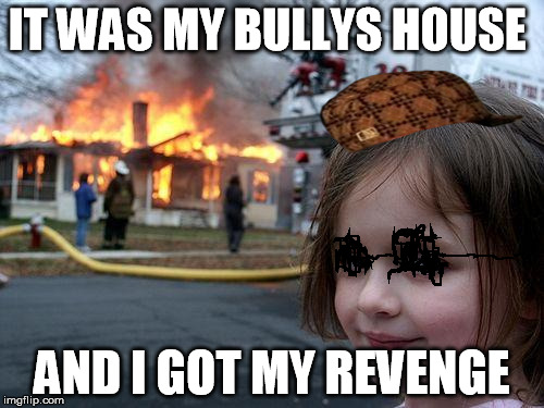 Disaster Girl | IT WAS MY BULLYS HOUSE; AND I GOT MY REVENGE | image tagged in memes,disaster girl,scumbag | made w/ Imgflip meme maker