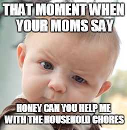 Skeptical Baby Meme | THAT MOMENT WHEN YOUR MOMS SAY; HONEY CAN YOU HELP ME WITH THE HOUSEHOLD CHORES | image tagged in memes,skeptical baby | made w/ Imgflip meme maker