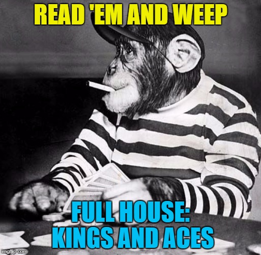 Which is how I lost everything... :) | READ 'EM AND WEEP; FULL HOUSE: KINGS AND ACES | image tagged in poker chimp,memes,cards,animals | made w/ Imgflip meme maker