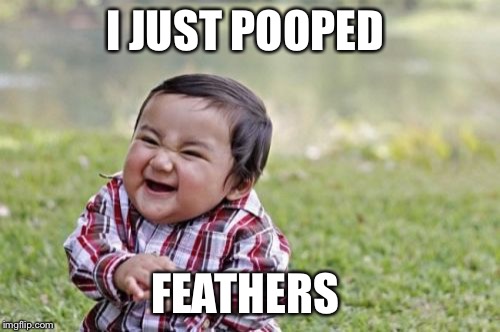 Evil Toddler Meme | I JUST POOPED FEATHERS | image tagged in memes,evil toddler | made w/ Imgflip meme maker
