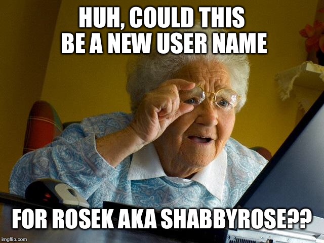 Grandma Finds The Internet Meme | HUH, COULD THIS BE A NEW USER NAME FOR ROSEK AKA SHABBYROSE?? | image tagged in memes,grandma finds the internet | made w/ Imgflip meme maker