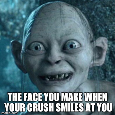 Gollum | THE FACE YOU MAKE WHEN YOUR CRUSH SMILES AT YOU | image tagged in memes,gollum | made w/ Imgflip meme maker