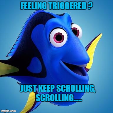 Dory from Finding Nemo | FEELING TRIGGERED ? JUST KEEP SCROLLING, SCROLLING..... | image tagged in dory from finding nemo | made w/ Imgflip meme maker