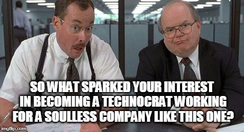 The Bobs |  SO WHAT SPARKED YOUR INTEREST IN BECOMING A TECHNOCRAT WORKING FOR A SOULLESS COMPANY LIKE THIS ONE? | image tagged in memes,the bobs | made w/ Imgflip meme maker