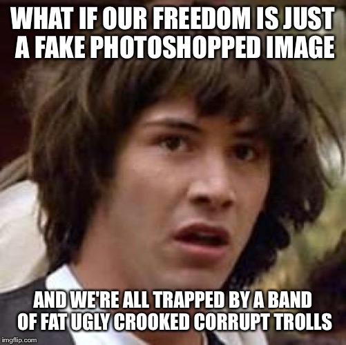 What if Real Life is Just Like the Internet? | WHAT IF OUR FREEDOM IS JUST A FAKE PHOTOSHOPPED IMAGE; AND WE'RE ALL TRAPPED BY A BAND OF FAT UGLY CROOKED CORRUPT TROLLS | image tagged in memes,conspiracy keanu | made w/ Imgflip meme maker