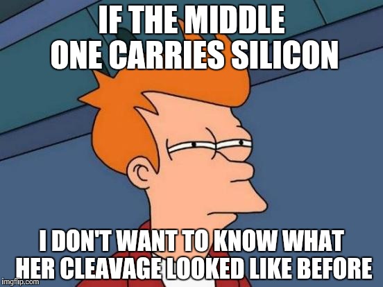 Futurama Fry Meme | IF THE MIDDLE ONE CARRIES SILICON I DON'T WANT TO KNOW WHAT HER CLEAVAGE LOOKED LIKE BEFORE | image tagged in memes,futurama fry | made w/ Imgflip meme maker