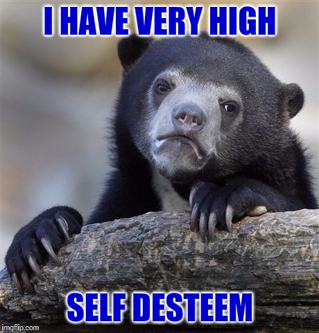 The Opposite of Esteem? | I HAVE VERY HIGH; SELF DESTEEM | image tagged in memes,confession bear,self-worth,self esteem | made w/ Imgflip meme maker
