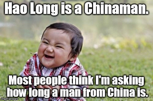 Tai Ni Bay Bi | Hao Long is a Chinaman. Most people think I'm asking how long a man from China is. | image tagged in memes,evil toddler | made w/ Imgflip meme maker