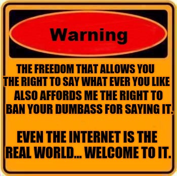 Troll Warning  | THE FREEDOM THAT ALLOWS YOU THE RIGHT TO SAY WHAT EVER YOU LIKE; ALSO AFFORDS ME THE RIGHT TO BAN YOUR DUMBASS FOR SAYING IT. EVEN THE INTERNET IS THE REAL WORLD... WELCOME TO IT. | image tagged in memes,warning sign,first amendment,internet freedom,free speech,banned | made w/ Imgflip meme maker