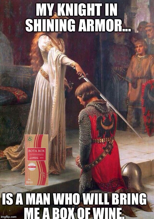 Knighting  | MY KNIGHT IN SHINING ARMOR... IS A MAN WHO WILL BRING ME A BOX OF WINE. | image tagged in knighting | made w/ Imgflip meme maker