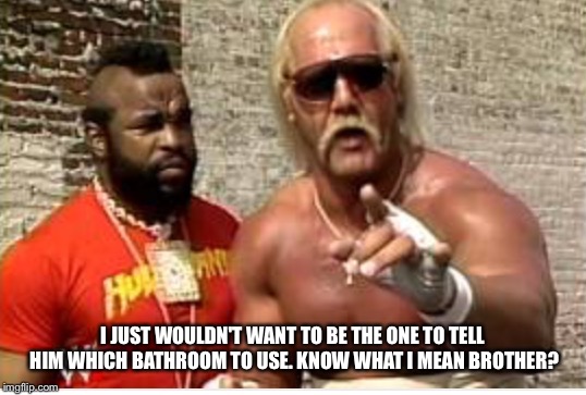 I JUST WOULDN'T WANT TO BE THE ONE TO TELL HIM WHICH BATHROOM TO USE. KNOW WHAT I MEAN BROTHER? | made w/ Imgflip meme maker