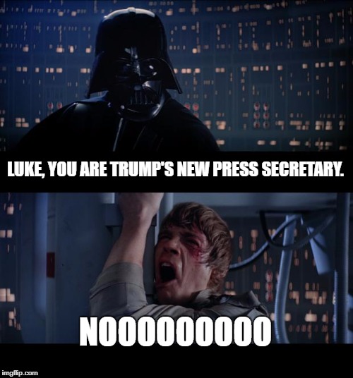 Star Wars No Meme | LUKE, YOU ARE TRUMP'S NEW PRESS SECRETARY. NOOOOOOOOO | image tagged in memes,star wars no | made w/ Imgflip meme maker