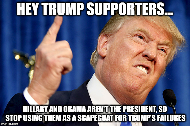 Donald Trump | HEY TRUMP SUPPORTERS... HILLARY AND OBAMA AREN'T THE PRESIDENT, SO STOP USING THEM AS A SCAPEGOAT FOR TRUMP'S FAILURES | image tagged in donald trump | made w/ Imgflip meme maker