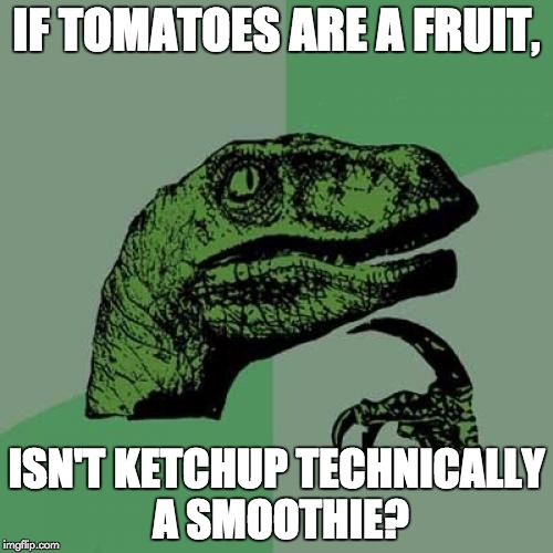 Philosoraptor | IF TOMATOES ARE A FRUIT, ISN'T KETCHUP TECHNICALLY A SMOOTHIE? | image tagged in memes,philosoraptor | made w/ Imgflip meme maker